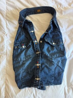 Y2K Vintage Route 66 Blue Denim Studded Bedazzled Jewel Western Vest
